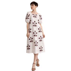 Free People Embroidered Midi Dress Ivory Floral Puff Sleeve M Boho Coquette Chic